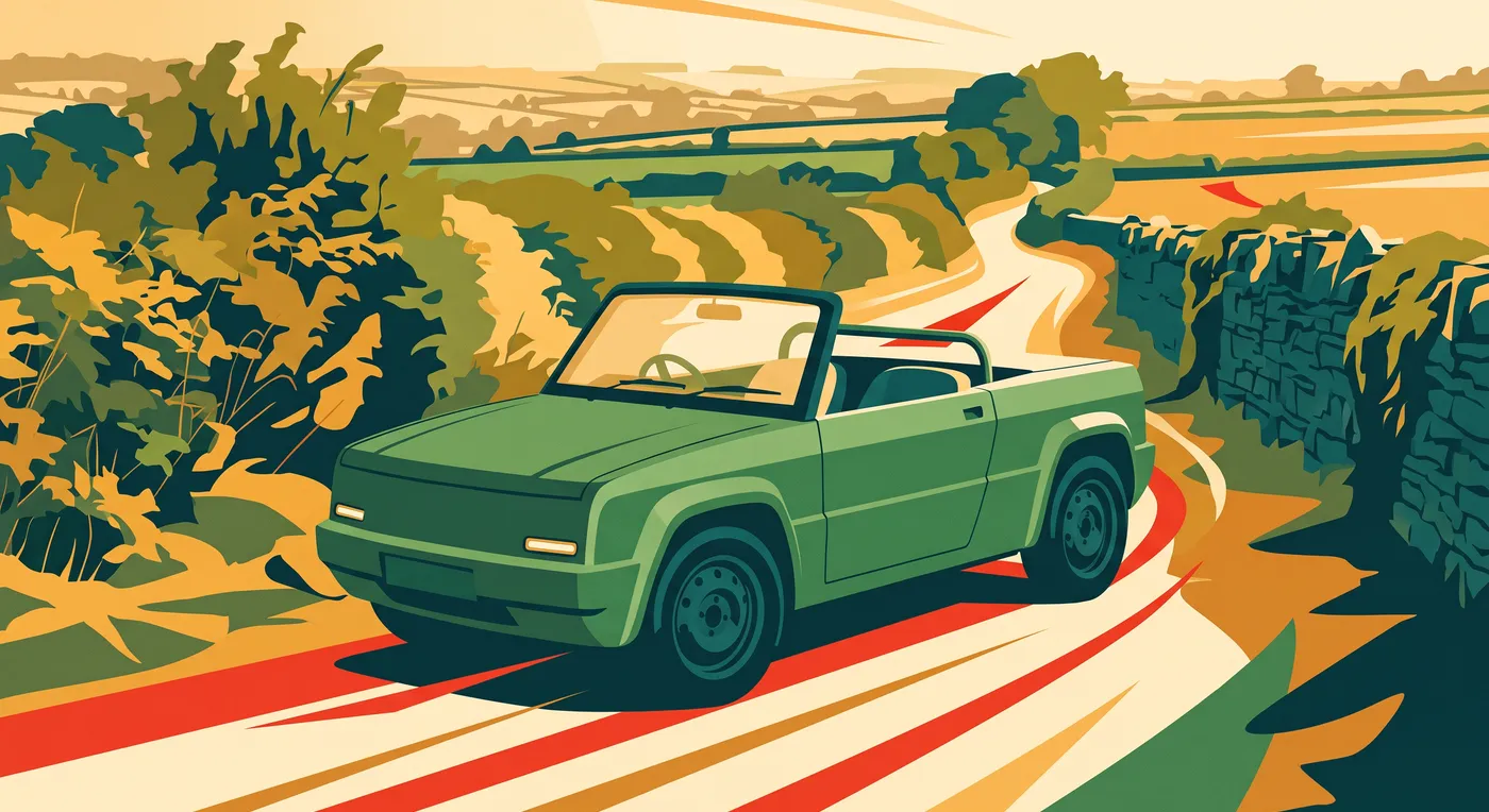 Poster-style version of the same green roadster and country lane
