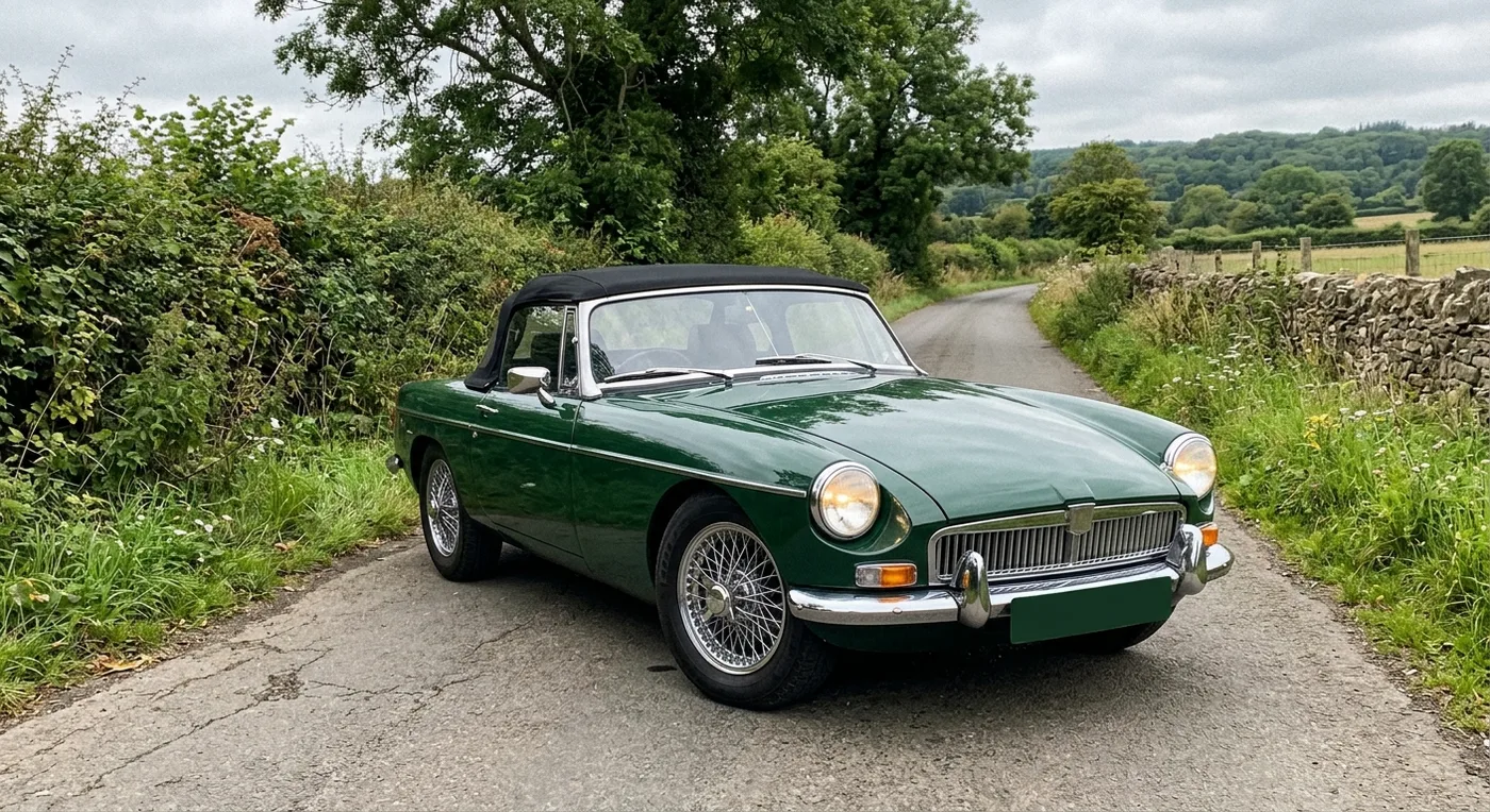 A phone photograph of a green classic sports car parked on a country lane